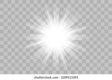 Shining Sun Glare Rays, Lens Flare Sun. Vector Illustration Png Effect. Sunlight Glowing White Beam Sunrays Sky Background. 
