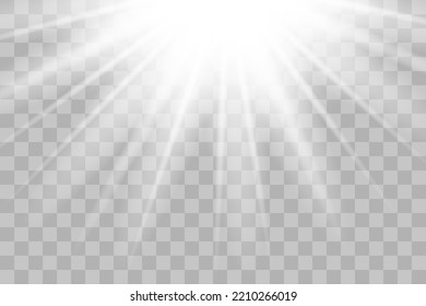 Brillantes rayos solares, sol de lentes. Efecto png de la ilustración del vector. Fondo del cielo con rayos blancos brillantes de sol. 