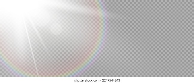 Shining sun glare rays, lens flare vector illustration with a rainbow. Sunlight glowing png effect. White beam sunrays sky background