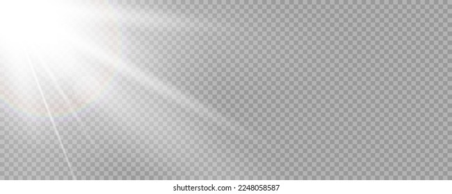 Shining sun glare rays, lens flare vector illustration with a rainbow. Sunlight glowing png effect. White beam sunrays sky background