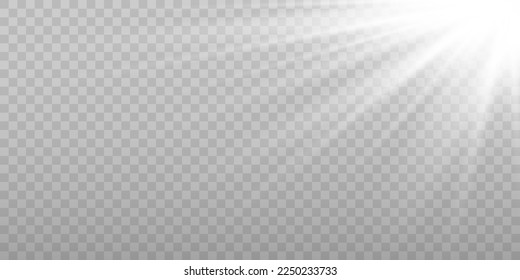 Shining sun glare rays, lens flare vector illustration. Sunlight glowing png effect. White beam sunrays sky background	