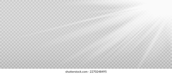 Shining sun glare rays, lens flare vector illustration. Sunlight glowing png effect. White beam sunrays sky background.