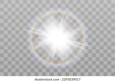 Shining sun glare rays, lens flare vector illustration with a rainbow. Sunlight glowing png effect. White beam sunrays sky background