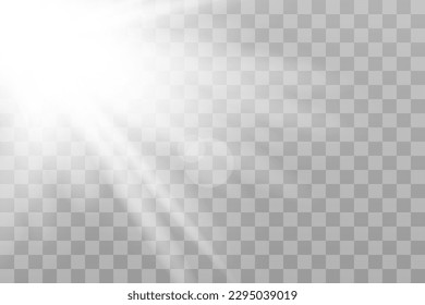 Shining sun glare rays, lens flare vector illustration with a rainbow. Sunlight glowing png effect. White beam sunrays sky background