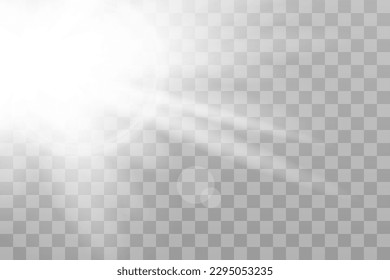 Shining sun glare rays, lens flare vector illustration with a rainbow. Sunlight glowing png effect. White beam sunrays sky background