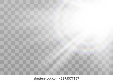 Leuchtende Sonnenstrahlen, Linsenflare, Vektorgrafik mit Regenbogen. Sonnenlicht leuchtender PNG-Effekt. Weißer Strahl-Sonnenhimmel