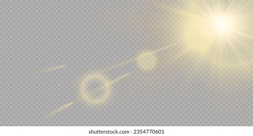 Shining sun glare rays, lens flare illustration. Sunlight glowing vector effect
