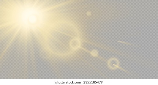 Shining sun glare rays, lens flare illustration. Sunlight glowing vector effect