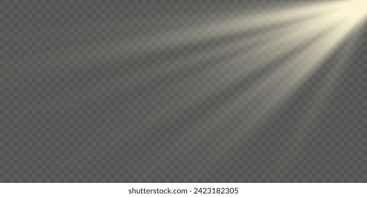 Brillantes rayos solares, ilustración de la lente. Efecto vector luminoso solar	