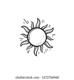 Shining sun hand drawn outline doodle icon. Summer weather and sunlight, heat and sunshine concept. Vector sketch illustration for print, web, mobile and infographics on white background.