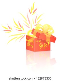 Shining Sun Inside Red Gift Box with Conceptual Lettering. Vector Isolated Gift Box
