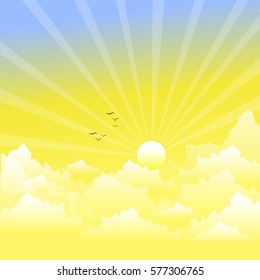 shining sun with lens flare. Blue sky with clouds background.