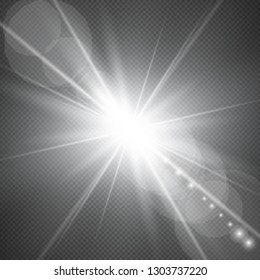 Shining sun with lens flare bokeh light effect. Transparent vector illustration