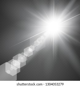 Shining sun with lens flare bokeh light effect. Transparent vector illustration