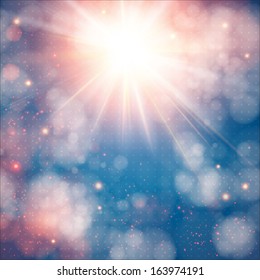 Shining sun with lens flare. Soft background with bokeh effect. Vector illustration.