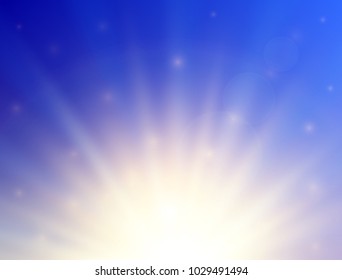 Shining sun with lens flare. Summer background. Vector illustration.