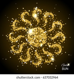 Shining Sun Made from Little Gold Sparkles on Dark Background. Gold Star Vector Illustration