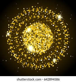 Shining Sun Made from Little Gold Sparkles on Dark Background. Gold Star Vector Illustration