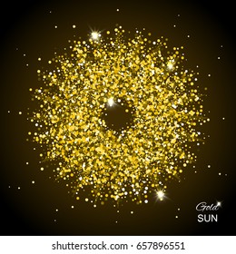 Shining Sun Made from Little Gold Sparkles on Dark Background. Gold Star Vector Illustration