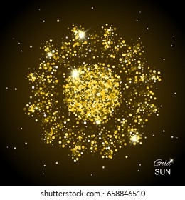Shining Sun Made from Little Gold Sparkles on Dark Background. Gold Star Vector Illustration