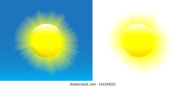 Shining sun with nice realistic rays over blue and white background. Vector illustration