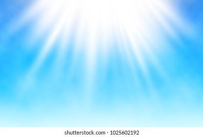 Shining sun on blue sky. White clouds and bright sun rays. Warm summer day. Realistic vector illustration.