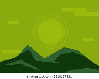 Sol brillante sobre el grupo de picos de montaña, 4 bits verde tonificado Monocromo Pixel Art Ilustración