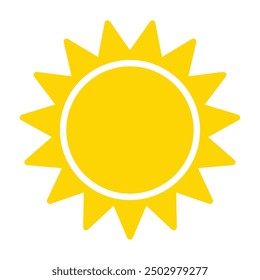 Shining sun with rays icon for weather design. Hot temperature. Sunshine symbol. Yellow sun star icon  Summer, sunlight, nature, sky. Vector illustration isolated on white background.