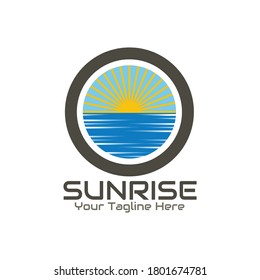 Shining sun rises on the ocean illustration vector graphic.  Perfect for resort, travel, adventure, etc.