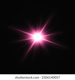 Shining sun with transparent rays. Front solar flare lenses. Vector. Bright pink Star. Glowing light effects.