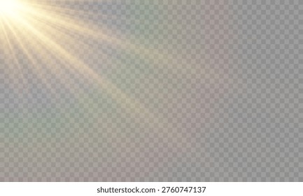 Shining Sunlight Rays and Glow Effect – Bright Yellow Lens Flare, Transparency, Realistic Sunbeam, Overlay, Soft Glow, Illumination