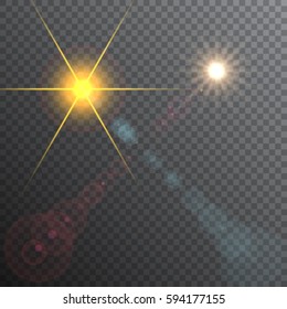 Shining suns with lens flare light effects. Transparent vector illustration