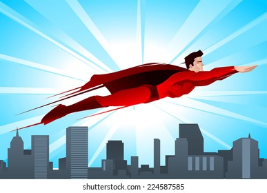 Shining Superhero Flying Over The City, With Red Suit And Red Cape Vector Illustration.