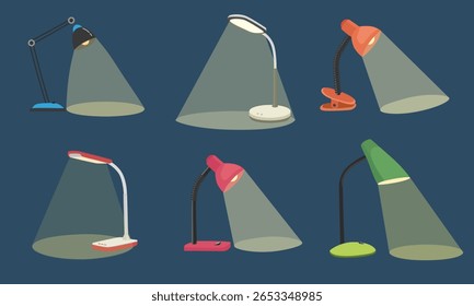 Lâmpada de mesa brilhante vetor com luz de raio. Lâmpada de estudo. Material escolar clip art. De volta à escola. Candeeiro de secretária. Clipart de equipamento de iluminação definido em estilo de desenho animado plano isolado no fundo escuro.
