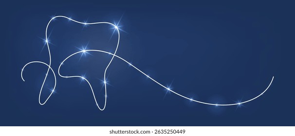 Shining tooth on dark blue background. Dentist concept. Continuous line drawing. Frame border. 