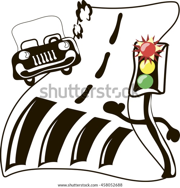 Shining traffic light and car in road.\
Cartoon vector\
illustration