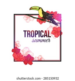 Shining tropical summer typographical background with hand drawn hibiscus, toucan bird. Vector illustration