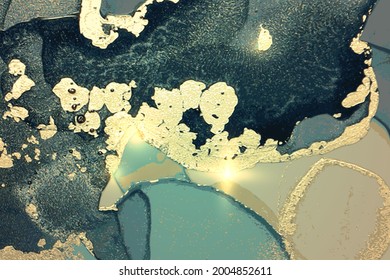 Shining turquoise and teal marble pattern with golden dust. Abstract vector background in alcohol ink technique. Modern paint with glitter. Template for banner, poster design. Fluid art painting