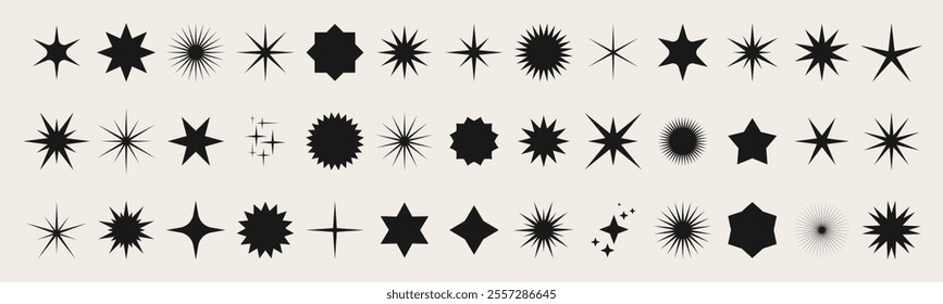 Shining Twinkle Sunburst Shapes collection. Blinking Stars, Sparks and Sparkles. Magic Light flare for design template, poster, banner, brochure. Vector illustration