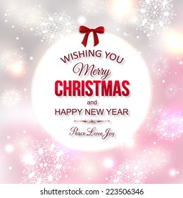 Shining typographical christmas background with blurred snowflakes, bokeh lights, falling snow and place for text. Vector illustration.