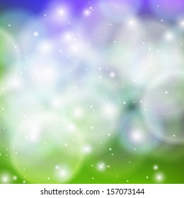 Shining vector abstract bokeh background in green. Glowing backdrop for web banner, Christmas card, holiday invitation, seasonal greetings, music poster, spa advertising, spring or summer sale ad
