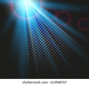 Shining vector blue color light effects, glowing beams on checkered background, illumination vector illustration.