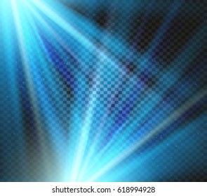 Shining vector blue color light effects, glowing beams on checkered background, illumination vector illustration