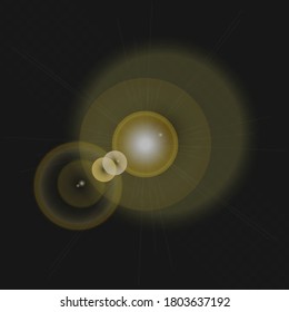 Brillante vectorial de sol dorado plano con efectos de luz. Las formas redondeadas de las bengalas y las bridas aisladas en el fondo negro. Ilustración del parche de luz reflejada, efecto con fuente luminosa artificial