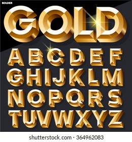 Shining vector golden alphabet in bold style. Uppercase