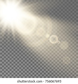 Shining vector golden sun with flares  sunlight effects isolated on transparent background.