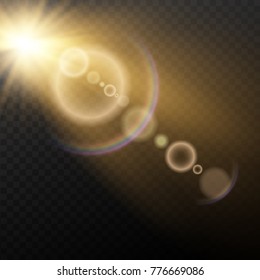 Shining vector golden sun with flares  sunlight effects isolated on transparent background.