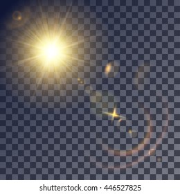 Shining vector golden sun with lens effects. Flares and gleams rounded and hexagonal shapes, colored halo.