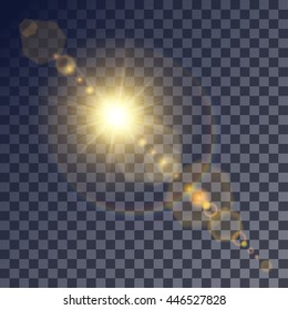 Shining Vector Golden Sun With Light Effects. Flares And Gleams Rounded And Hexagonal Shapes, Rainbow Halo.