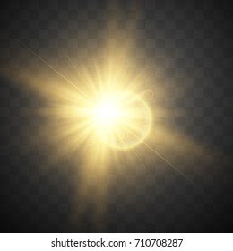 Shining vector golden sun with light effects isolated on transparent background. Vector illustration.